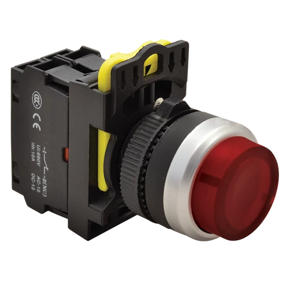 TRACON Világító nyomókapcsoló, kiálló, piros, 1xNC, 5A/230V AC-15, IP42, LED 230V AC/DC (NYK3-HLR)