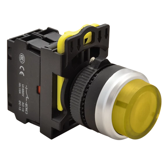 TRACON Világító nyomókapcsoló, kiálló, sárga, 1xNO, 5A/230V AC-15, IP42, LED 230V AC/DC (NYK3-HLY)