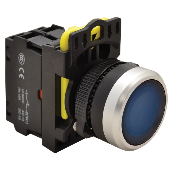 TRACON Világító nyomókapcsoló, kék, 1xNO, 5A/230V AC-15, IP65, LED 230V AC/DC (NYK3-LB)