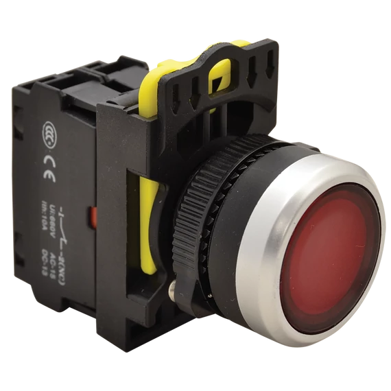 TRACON Világító nyomókapcsoló, piros, 1xNC, 5A/230V AC-15, IP65, LED 230V AC/DC (NYK3-LR)
