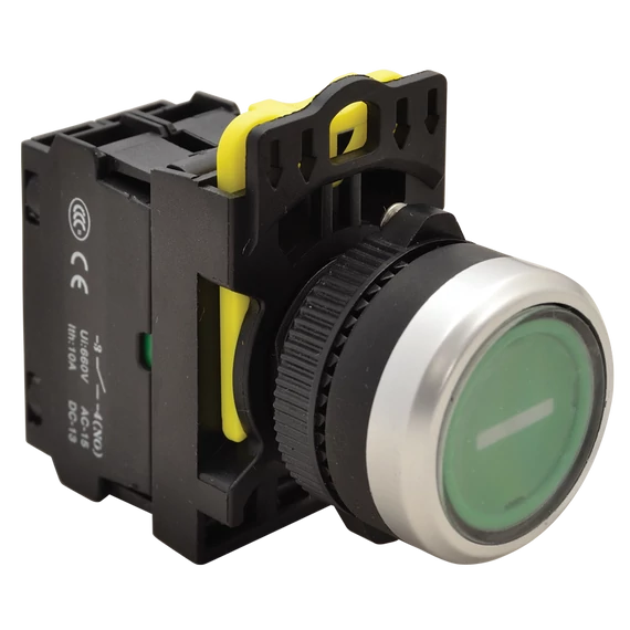 TRACON Jelölt, világító nyomókapcsoló, zöld, (fehér I), 1xNO, 5A/230V AC-15, IP65, LED 230V AC/DC (NYK3-P1L)