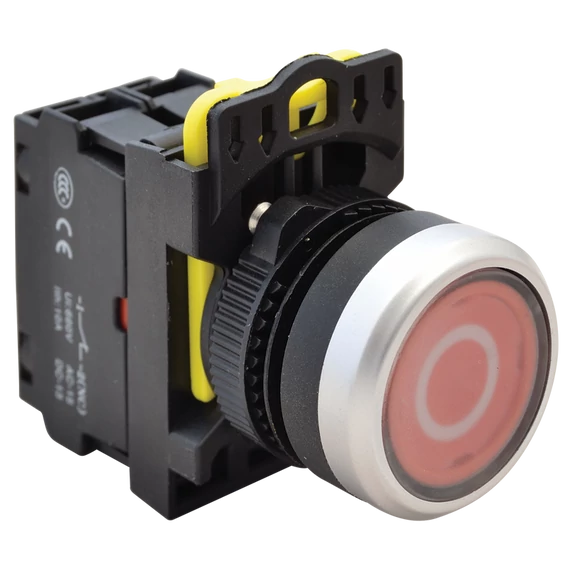 TRACON Jelölt, világító nyomókapcsoló, piros, (fehér 0), 1xNC, 5A/230V AC-15, IP65, LED 230V AC/DC (NYK3-P2L)