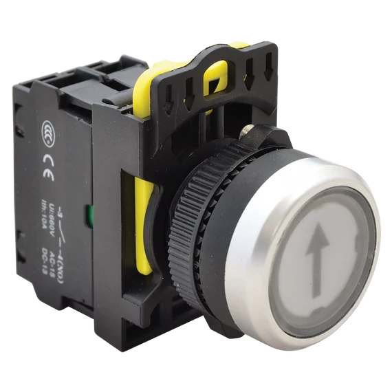 TRACON Jelölt, világító nyomókapcsoló, fehér, (fekete nyíl), 1xNO, 5A/230V AC-15, IP65, LED 230V AC/DC (NYK3-P3L)