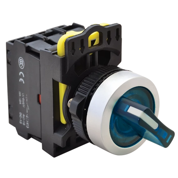 TRACON Világítókaros kapcsoló, kék, LED, kétállású, rugóvissza, 1xNO+1xNC, 5A/230V AC-15, IP65, LED 230V AC/DC (NYK3-SL24B)