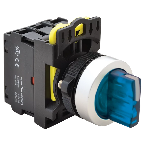TRACON Világítókaros kapcsoló, kék, LED, háromállású, rugóvissza, 1xNO+1xNC, 5A/230V AC-15, IP65, LED 230V AC/DC (NYK3-SL34B)