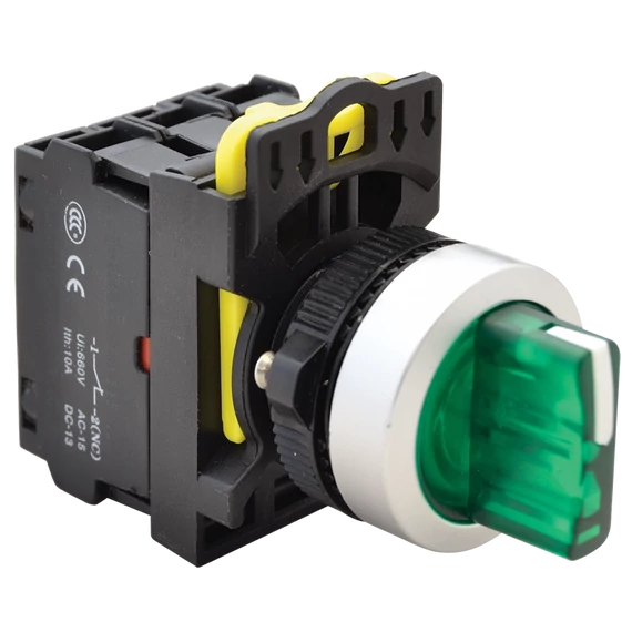 TRACON Világítókaros kapcsoló, zöld, LED, háromállású, rugóvissza, 1xNO+1xNC, 5A/230V AC-15, IP65, LED 230V AC/DC (NYK3-SL34G)