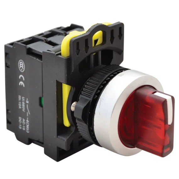 TRACON Világítókaros kapcsoló, piros, LED, háromállású, rugóvissza, 1xNO+1xNC, 5A/230V AC-15, IP65, LED 230V AC/DC (NYK3-SL34R)