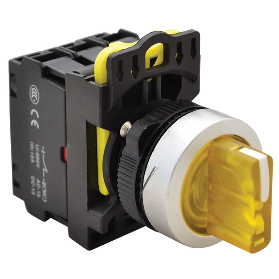 TRACON Világítókaros kapcsoló, sárga, LED, háromállású, rugóvissza, 1xNO+1xNC, 5A/230V AC-15, IP65, LED 230V AC/DC (NYK3-SL34Y)