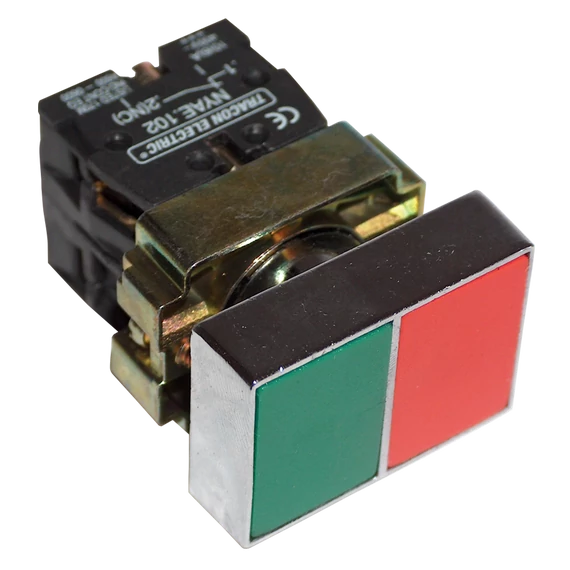 TRACON Tokozott kettős BE-KI nyomógomb, fémalap, zöld+piros, 1xNC+1xNO, 3A/400V AC, IP44 (NYKK8325T)