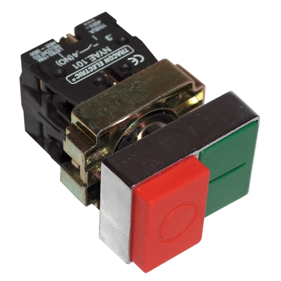 TRACON Kettős BE-KI nyomógomb, fémalap, zöld+piros kiálló, 1xNC+1xNO, 3A/400V AC, IP42 (NYKK8425)