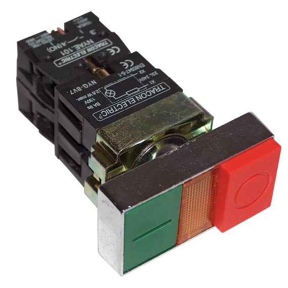 TRACON Kettős BE-KI nyomógomb, fémalap, zöld+piros kiálló, 1xNC+1xNO, 3A/230V AC, IP42 (NYKK8475)