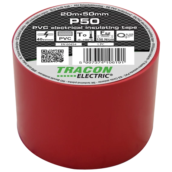 TRACON Szigetelőszalag, piros, 20mx50mm, PVC, 0-90°C, 40kV/mm (P50)