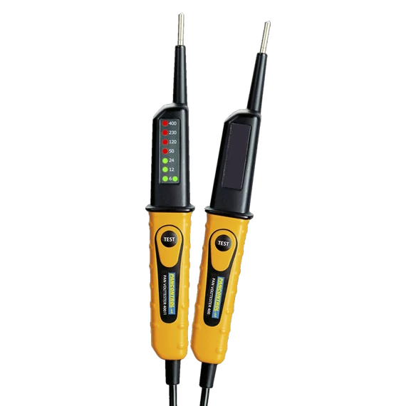 TRACON 2 pólusú feszültségvizsgáló LED kijelző és AVK teszter, 6‐400V AC/DC, 30mA FI‐Test (PANVOLTTESTER400FI)