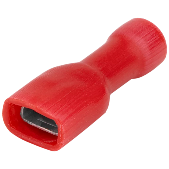 TRACON Teljes szigetelésű rátolható csatl. hüvely, sárgaréz, piros, 1,5mm2, 6,3x0,8mm (PTCSH6)
