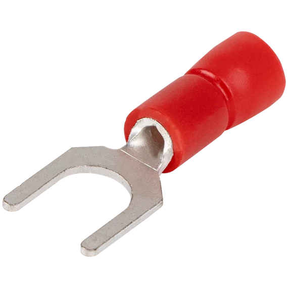 TRACON Szigetelt villás saru, ónozott elektrolitréz, piros, 1,5mm2, M5, (d1=1,7mm, d2=5,3mm), PVC (PV5)