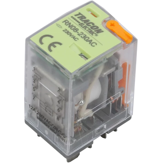 TRACON Miniatűr teljesítményrelé tesztgombbal és állapotjelzéssel, 110V AC / 2xCO (12A, 230V AC / 28V DC) (RN08-110AC)