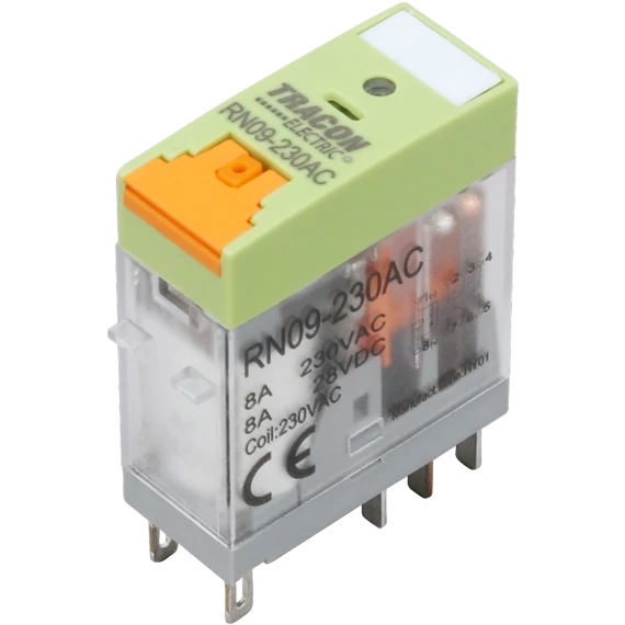 TRACON Print relé tesztgombbal és állapotjelzéssel, 24V AC / 2xCO (8A, 230V AC / 30V DC) (RN09-24AC)