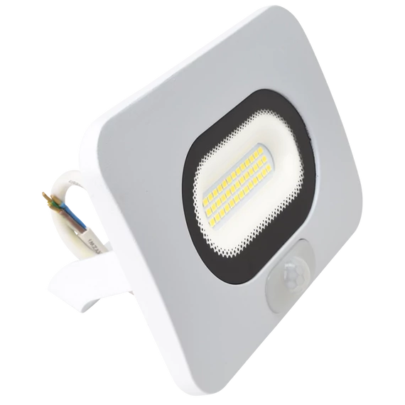TRACON Fehér SMD fényvető mozgásérzékelővel, 30W, 4000K, IP65, 220-240V AC, 2700lm,110°, 3-10m, EEI=F (RSMDLFM30)
