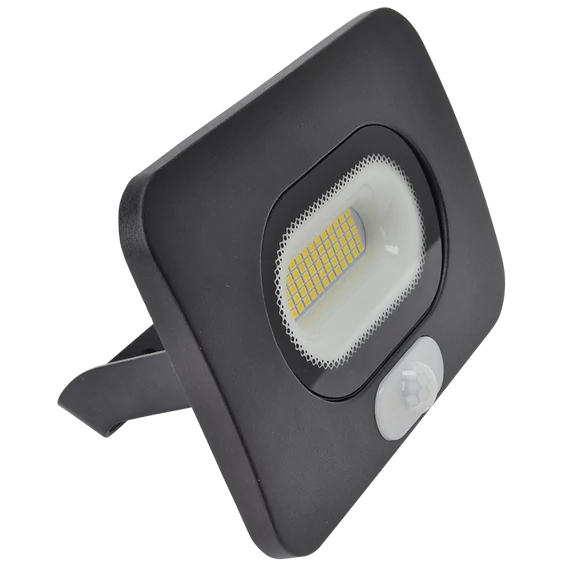 TRACON Fekete SMD fényvető mozgásérzékelővel, 30W, 4000K, IP65, 220-240V AC, 2700lm, 110°, 3-10m, EEI=F (RSMDLM30)