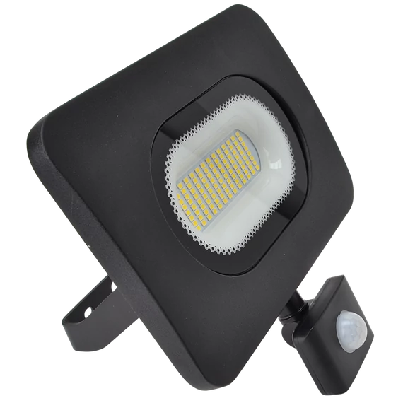 TRACON SMD fényvető mozgásérzékelővel, fekete, 220-240V, 50W, 4000K, IP65, 4000lm, 120°, 10s-7min, 3-10m, EEI=G (RSMDLM50H)