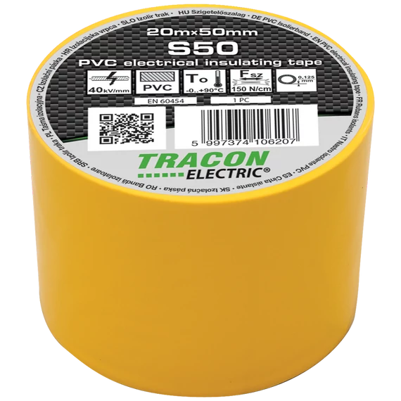 TRACON Szigetelőszalag, sárga, 20mx50mm, PVC, 0-90°C, 40kV/mm (S50)