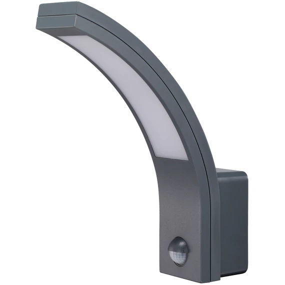 TRACON Mozgásérzékelős fali lámpatest, ívelt forma, antracit, 230VAC, 15W, 140°, 2-9m, 10s-5m, 4500K , IP54, 1100lm, EEI=G (SLIA15W)