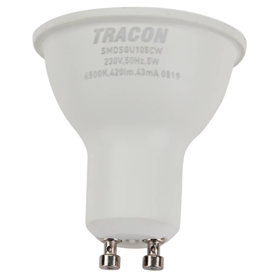 TRACON Műanyag házas SMD LED spot fényforrás SAMSUNG chippel,230V,50Hz,GU10,5W,470lm,6500K,120°,SAMSUNG chip, EEI=F (SMDSGU105CW)