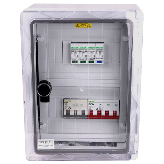 TRACON Túlfeszültség-védelmi doboz fotovoltaikus rendszerekhez, 330x250x130mm, IP65, IK10, AC1+2, 400V, In:10A, Iimp: 12.5kA, (SPBPV310)