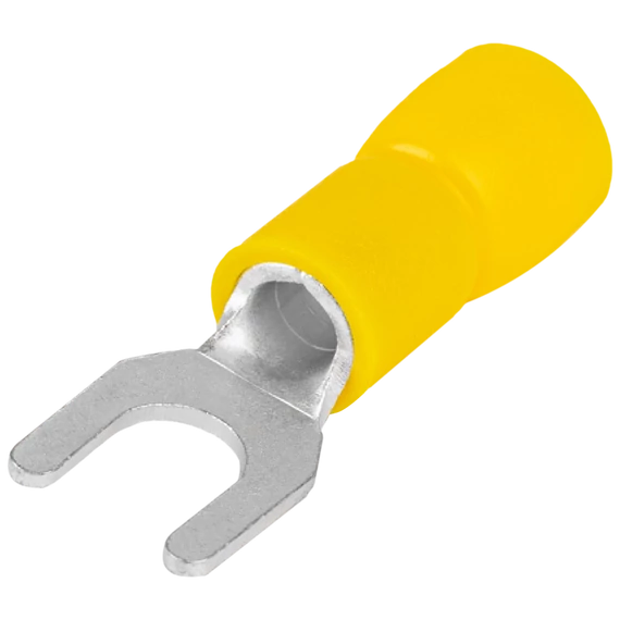 TRACON Szigetelt villás saru, ónozott elektrolitréz, sárga, 6mm2, M5, (d1=3,4mm, d2=5,3mm), PVC (SV5)
