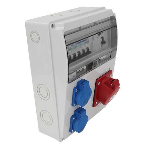 TRACON Csatlakozó doboz védelemmel, vezetékezett, készre szerelt, Prot.: RCCB, MCB, Out: 2xSCHUKO + 1x16A (3P+N+E) (TDB04-11MV)