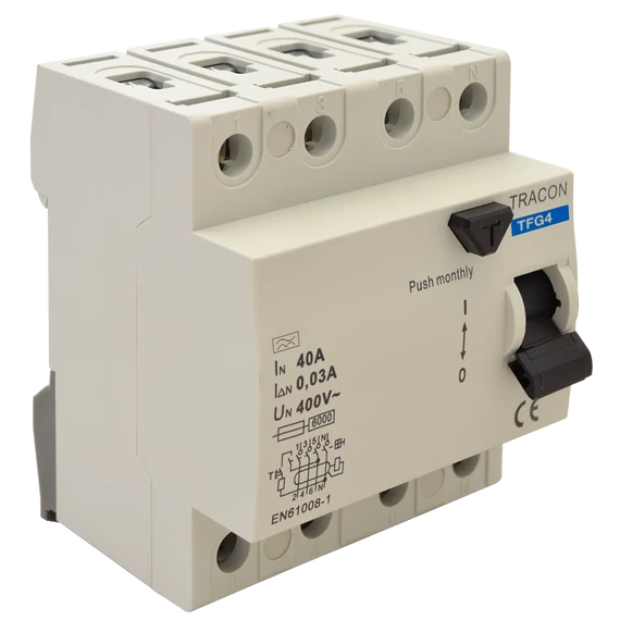 TRACON Áram-védőkapcsoló, 4 pólusú, 25A, 300mA, 6kA, A / AC (TFG4-25300)