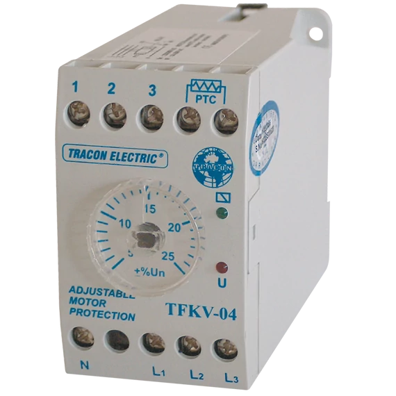 TRACON Védőrelé, feszültségfigyelő 3 fázisra aszim/túlmel. véd, 3x230/400V AC,+/-5% - +/-25%, 5A/250V AC (TFKV-04)