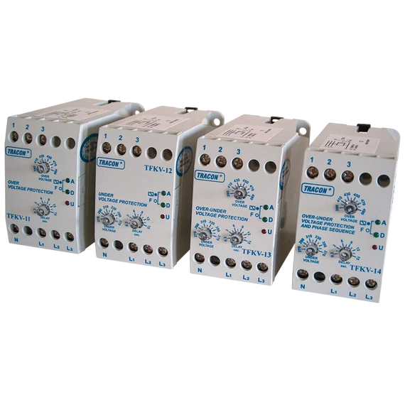 TRACON Védőrelé, feszcsök/fesznöv. 3 fázisra, állítható, Umin=300-400V / Umax=420-495V, 0.2s-15s, 5A/250V (TFKV-13)
