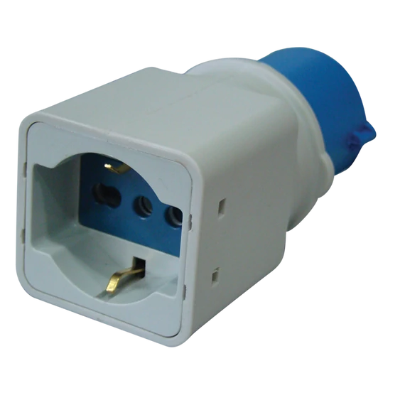 TRACON Csatlakozó adapter, CEE/Schuko, 16A, 250V, IN 2P+E 6h (CEE), OUT 2P+E (Schuko) (TICS-A1)