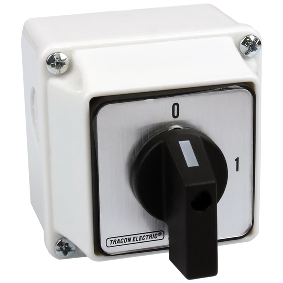 TRACON Tokozott kézikapcsoló, BE-KI, 400V, 50Hz, 25A, 2P, 7,5kW, 48x48mm, 90°, IP44 (TK-259/2T)