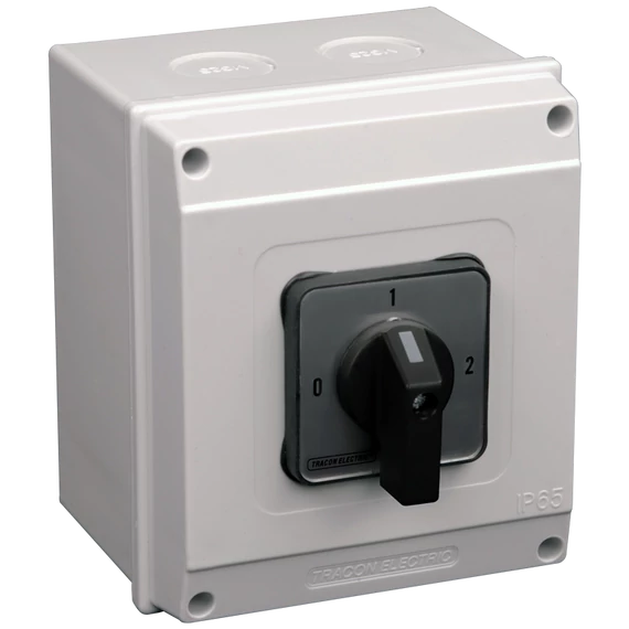 TRACON Tokozott választókapcsoló, 0-1-2, 400V, 50Hz, 25A, 2x4P, 7,5kW, 48x48mm, 90°, IP65 (TKB-259/4T65)