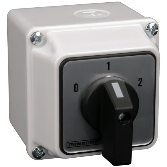 TRACON Tokozott választókapcsoló, 0-1-2, 400V, 50Hz, 32A, 2x3P, 11kW, 64x64mm, 60°, IP65 (TKB-326/3T65)