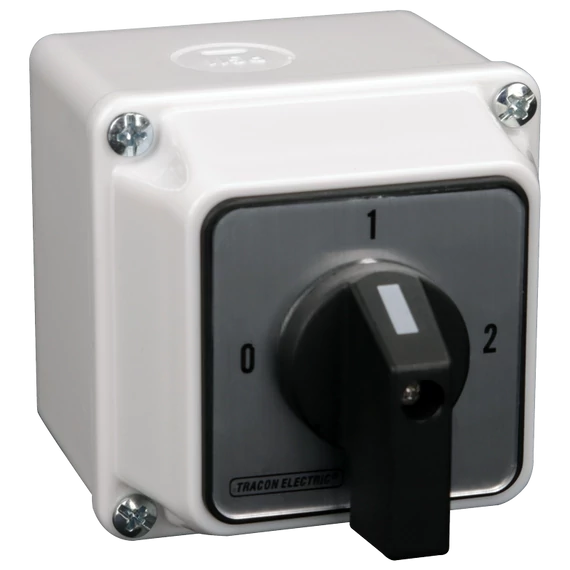TRACON Tokozott választókapcsoló, 0-1-2, 400V, 50Hz, 32A, 2x4P, 11kW, 64x64mm, 90°, IP44 (TKB-329/4T)