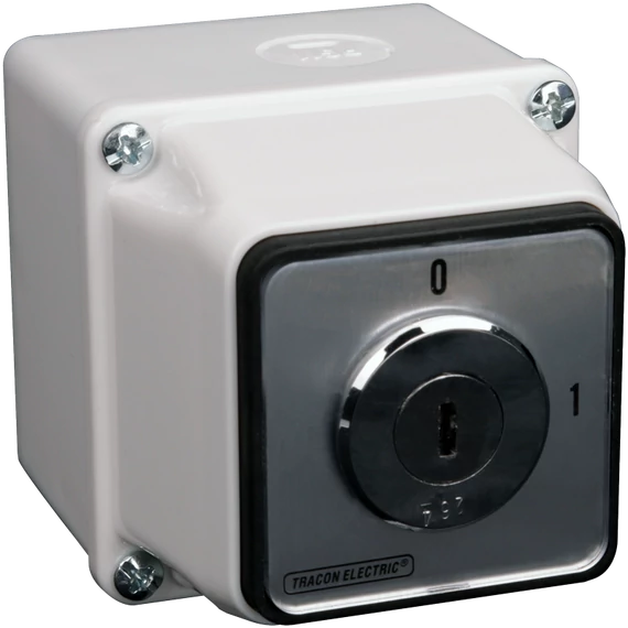 TRACON Tokozott főkapcsoló, kulcsos, BE-KI (Kulcs 0-áll. kivehető), 400V, 50Hz, 20A, 4P, 5,5kW, 48x48mm, IP65 (TKFK-20T65)
