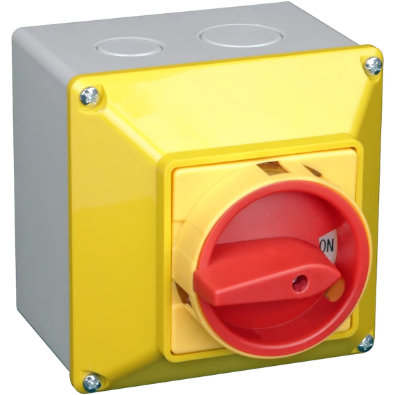 TRACON Tokozott főkapcsoló, lakatolható, sárga fedéllel, BE-KI, 400V, 50Hz, 32A, 4P, 11kW, 64x64mm, IP65 (TKFL-32T65S)