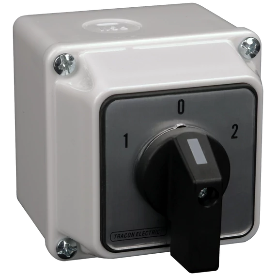 TRACON Tokozott közvetlen irányváltó motorkapcsoló, 1-0-2, 400V, 50Hz, 20A, 5,5kW, 48x48mm, IP65 (TKM-20/NT65)