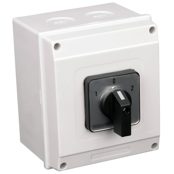 TRACON Tokozott választókapcsoló, 1-0-2, 400V, 50Hz, 20A, 2x4P, 5,5kW, 48x48mm, 60°, IP65 (TKV-206/4T65)