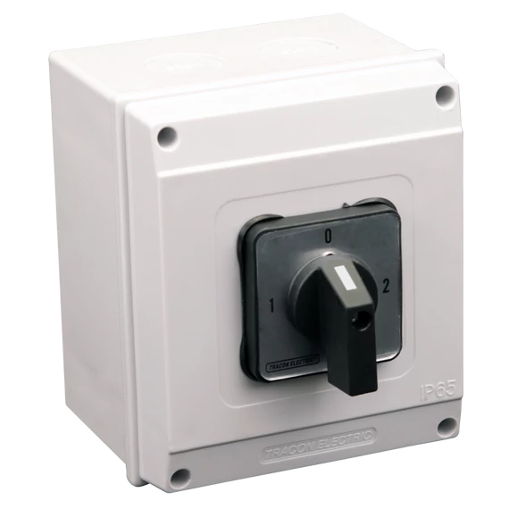 TRACON Tokozott választókapcsoló, 1-0-2, 400V, 50Hz, 25A, 2x4P, 7,5kW, 48x48mm, 90°, IP65 (TKV-259/4T65)