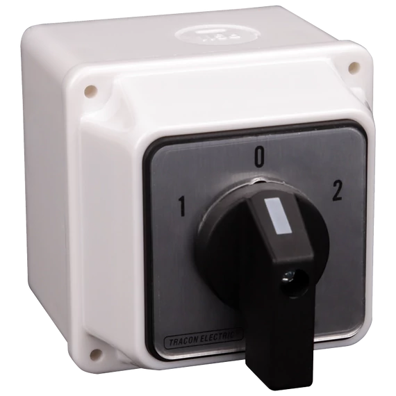 TRACON Tokozott választókapcsoló, 1-0-2, 400V, 50Hz, 32A, 2x3P, 11kW, 64x64mm, 60°, IP44 (TKV-326/3T)
