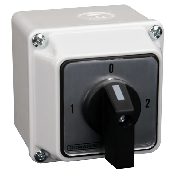 TRACON Tokozott választókapcsoló, 1-0-2, 400V, 50Hz, 32A, 2x4P, 11kW, 64x64mm, 90°, IP44 (TKV-329/4T)