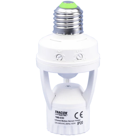 TRACON Mozgásérzékelő adapter, infra, E27 foglalatba, 230V, 50Hz, 120°, max. 6m, 10s-5min, 3-2000 lux, IP20 (TMB-E50)