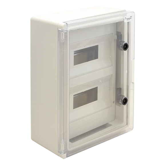 TRACON Műanyag elosztószekrény maszkos átlátszó ajtóval, 2x12 mod, HxWxD = 400x300x165mm, IP65, IK10, 1000V AC/DC (TME403017MT)