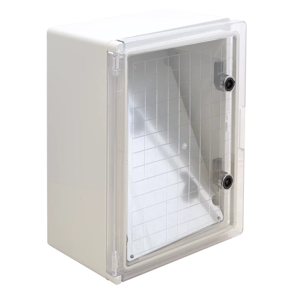 TRACON Műanyag elosztószekrény átlátszó ajtóval, HxWxD = 400x300x195mm, IP65, IK10, 1000V AC/DC, RAL7035 (TME403020T)