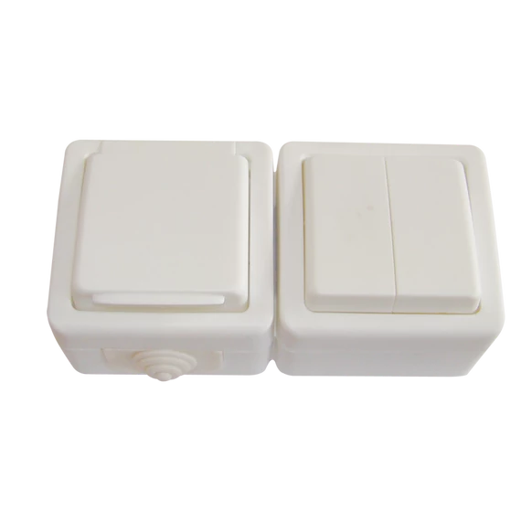 TRACON Falon kívüli 2-áramkörös kapcsoló+csatlakozóaljzat, csapos, 16A/250VAC, IP54, (105) (TR-PHF09)