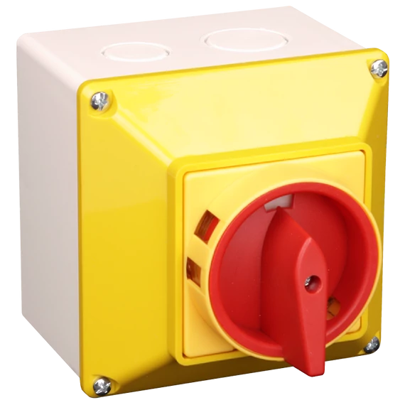 TRACON Tokozott biztonsági lakatolható szakaszoló kapcsoló, sárga, 400V, 50Hz, 40A, 3P, 11kW, 64x64mm, IP65 (TSS-40/3T65S)